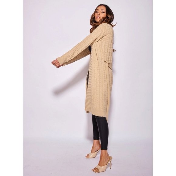 Knitted Long Sleeve Belted Long Midi Cardigan Sweater Duster - Picture 5 of 14